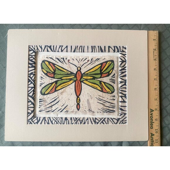 Handmade Dragonfly Block Print Art Artist John Davis 11 x 14 Matted Wall Decor - Picture 8 of 8